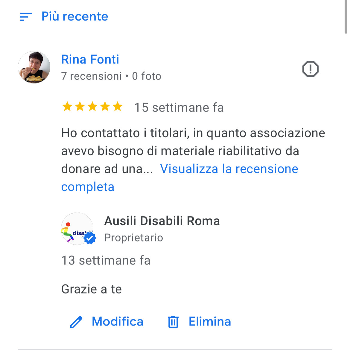Screenshot di una recensione su Google a 5 stelle per Ausili Disabili Roma