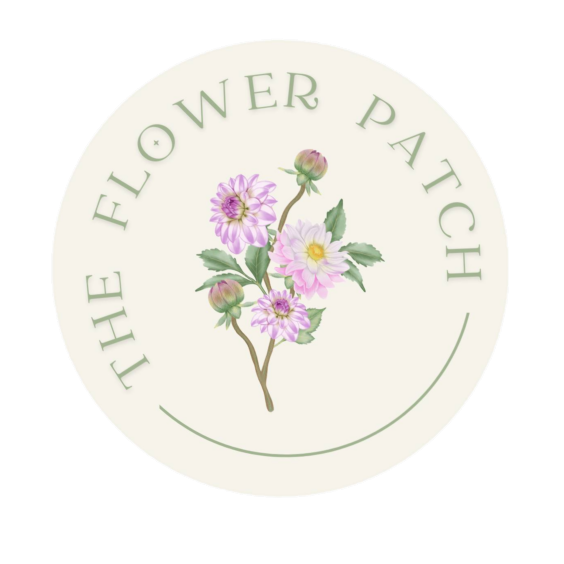 A circular logo with a light green border and the text 'THE FLOWER PATCH' around the top half. In the center, there is a watercolor illustration of a flower branch with pink and purple blooms and green leaves.