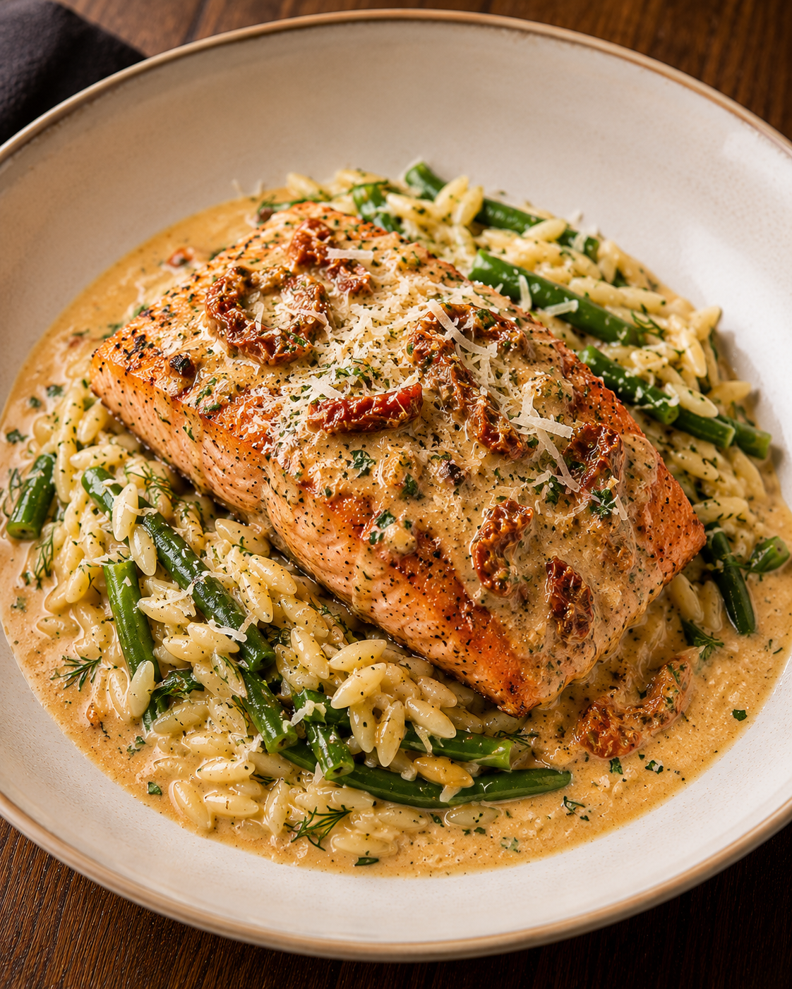 Marry Me Salmon with Lemon Dill Orzo & Green Beans