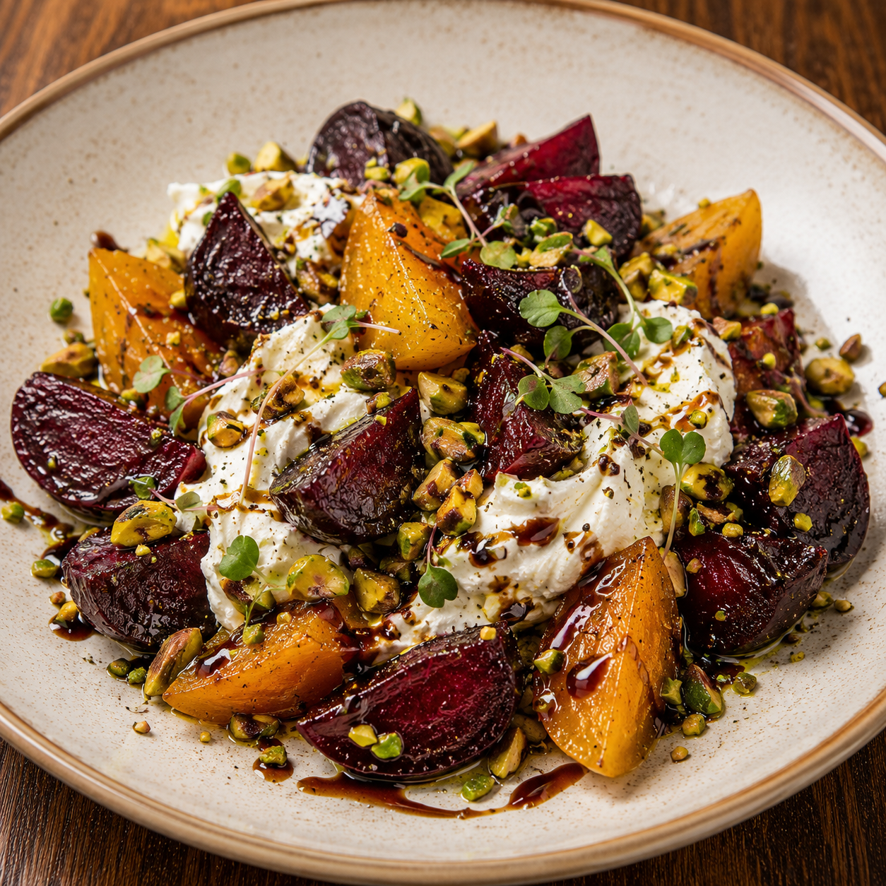 Roast Beets, Whipped Goat Cheese, Pistachios