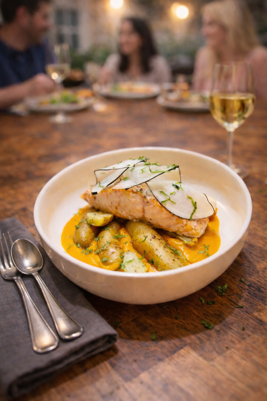 Za’atar Salmon with Buttered Fingerlings, Carrot–Ginger Coconut Purée & Pickled Radish