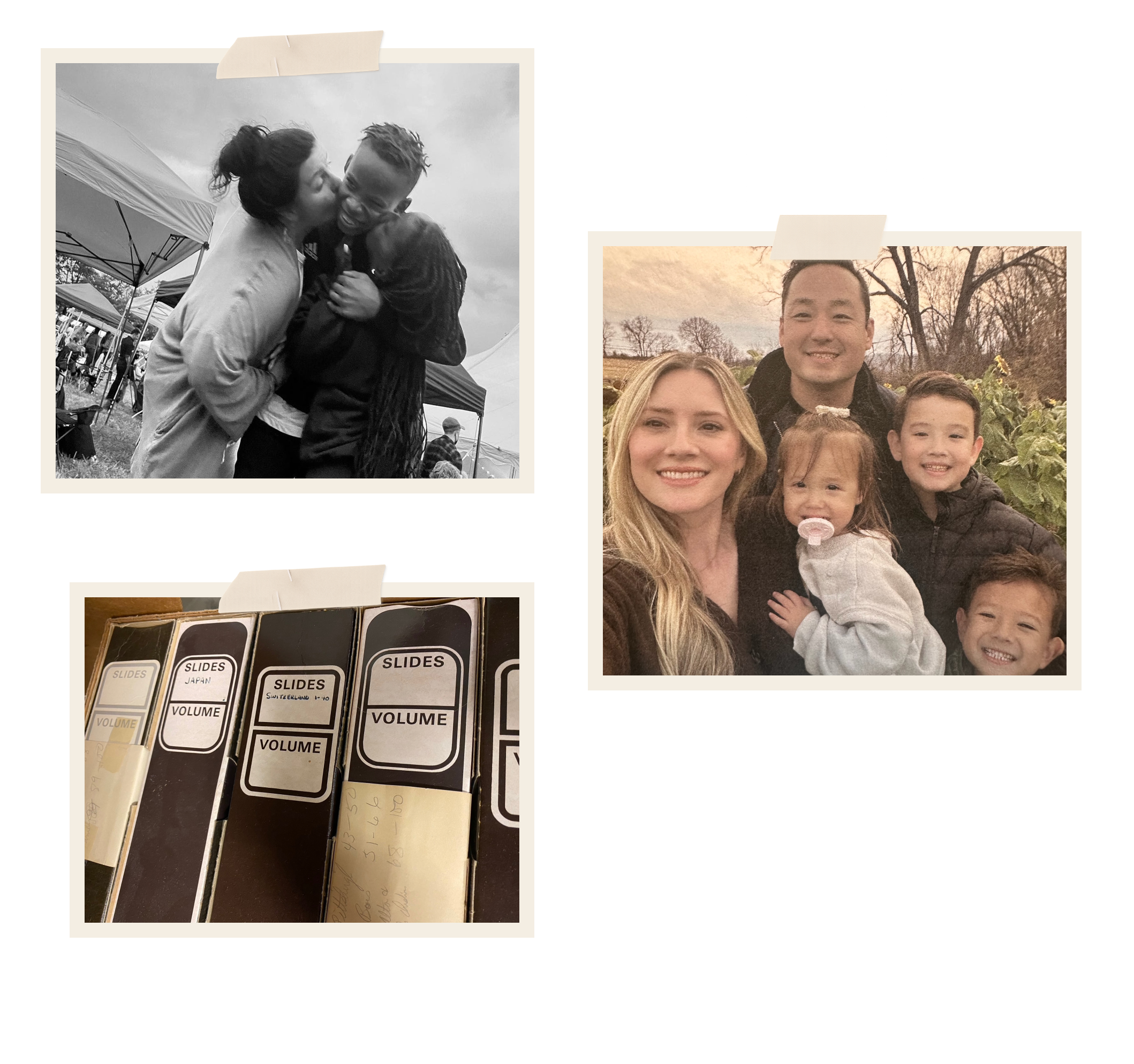 A collage of three photographs and a row of slide boxes. The top-left photo is a black-and-white picture of a woman kissing a smiling man at an outdoor event with tents in the background. The top-right photo is a color picture of a family of five smiling outdoors during fall, with trees and a field in the background. The bottom-left shows a row of black slide boxes with labels for 'SLIDES' and 'VOLUME' written on them, some with handwritten notes.