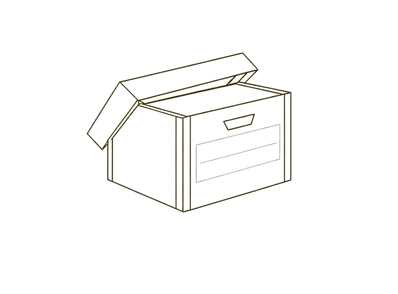 Line drawing of an open cardboard box with a flapped lid and a label slot on the front.