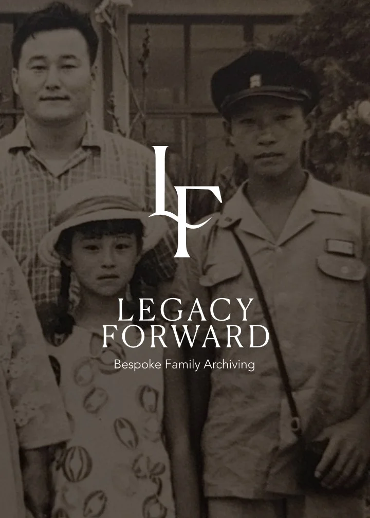 A black-and-white photo of a man, a young girl, and a boy in a uniform, with text overlay that says "Legacy Forward" and "Bespoke Family Archiving."
