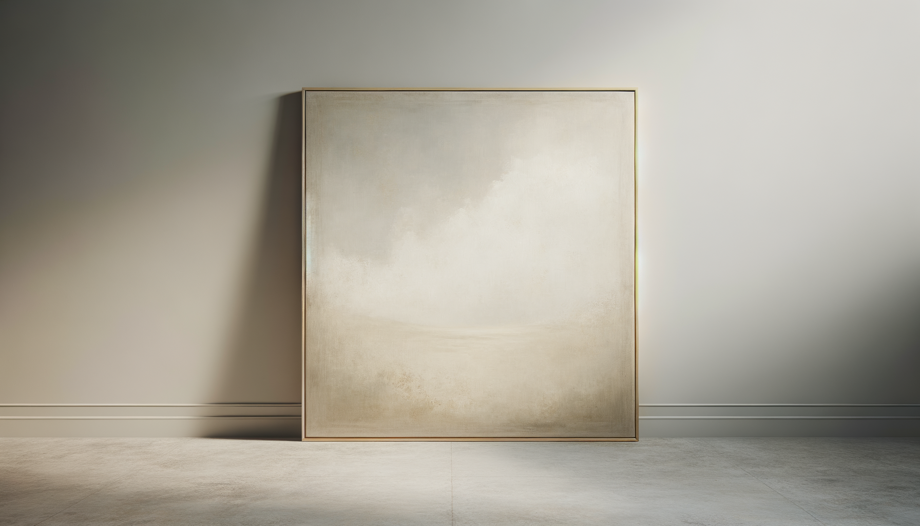 An empty beige canvas on an easel leaning against a light gray wall in a minimalist art gallery.