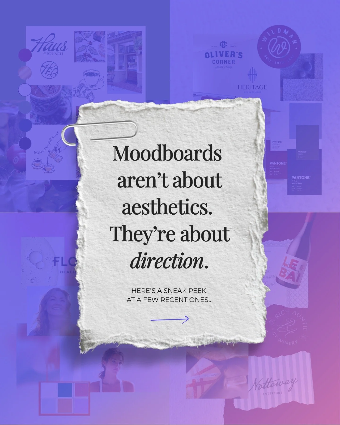 Moodboards may seem like fun little collages, but they&rsquo;re so much more!

After the strategy, we get clear on two main things:

1. Who we&rsquo;re speaking to, and...
2. How we want your brand to feel.

From there, we start building a visual &ld