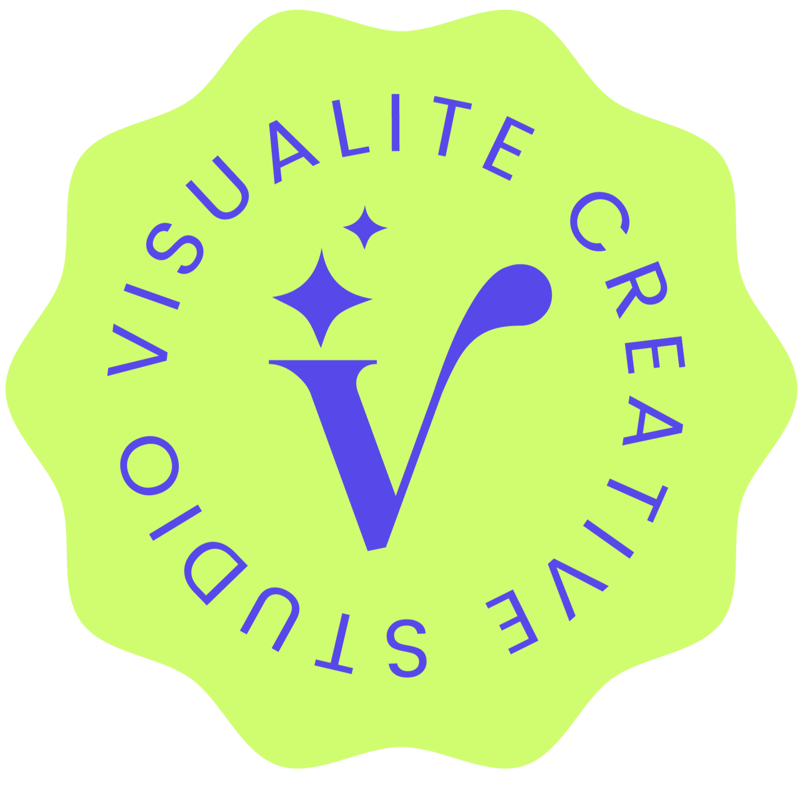 A wavy green badge with Visualite Creative Studio in blue around a stylized blue V and sparkles in the center.