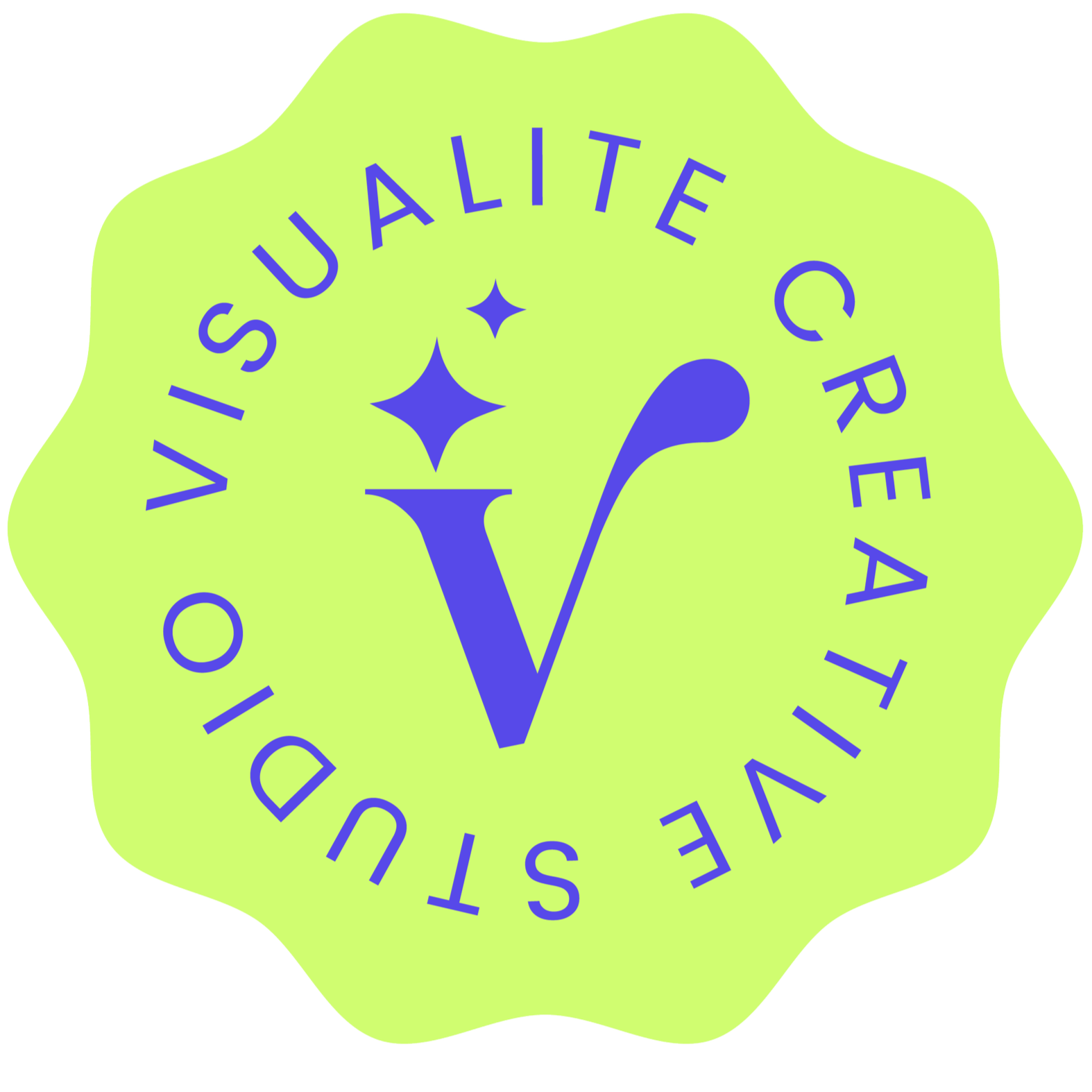 Bright green logo with the words 'VISUALITE CREATIVE' written in a circle around a stylized 'V' with star accents.