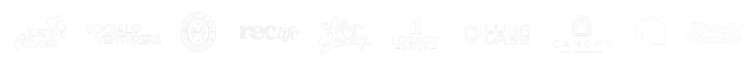 Logos of various companies and organizations on a black background, including Karp Chem, Social Venture, Horse Show, REC Life, Dr. Alison Brumley, Legacy Build, Luna Labs, Canopy Collaborative, JK, and Friendly Founders.