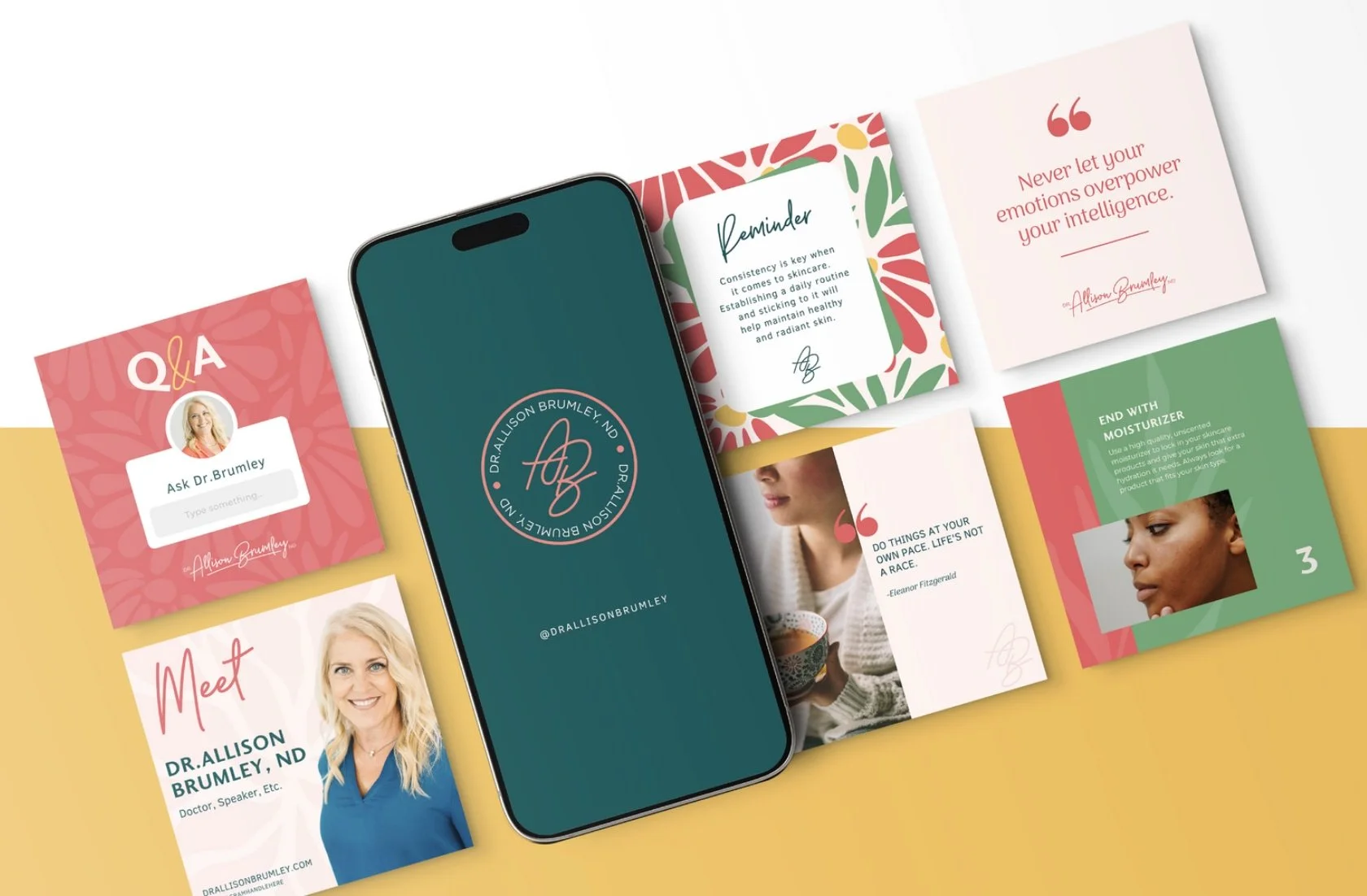A smartphone with Dr. Allison Brumley’s logo surrounded by colorful Q&A, quote, and health tip cards on a two-tone background.