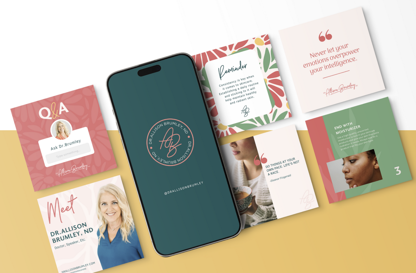 A digital promotional layout for Dr. Allison Brumley's skincare and wellness services. The layout includes a smartphone with her logo, a Q&A card, a meet the doctor card, and various informational cards with quotes and skincare tips, all arranged on a yellow background.