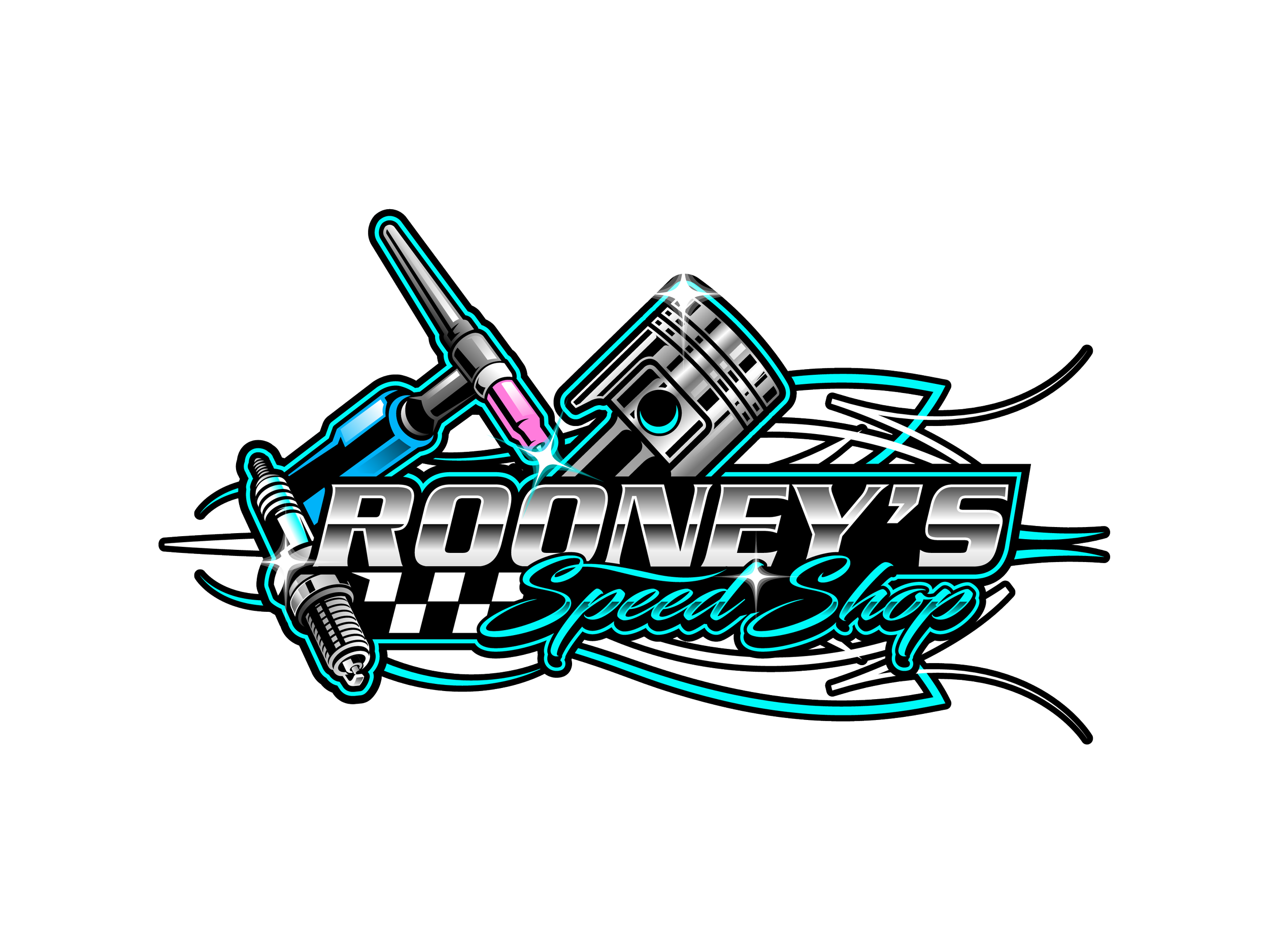 Logo for Rooney's Speed Shop featuring a car piston, spark plug, neon text, and checkered flag design.