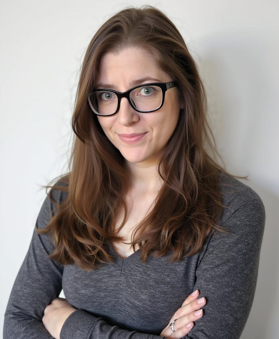 A woman with long brown hair, wearing black glasses and a dark gray long sleeve shirt, standing with her arms crossed and smiling at the camera against a plain white background.