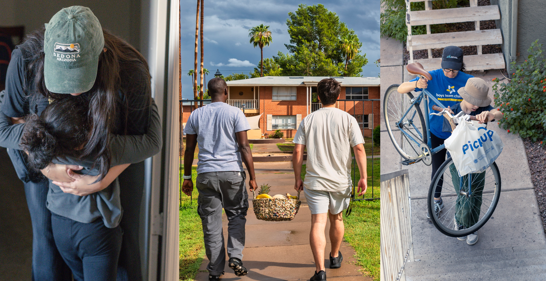 Three images side by side: first shows two people sharing a hug indoors; second shows two men walking away from a red-brick apartment complex with a basket of pineapples and bananas; third shows two children riding bikes on a sidewalk, one helping the other with their bike.