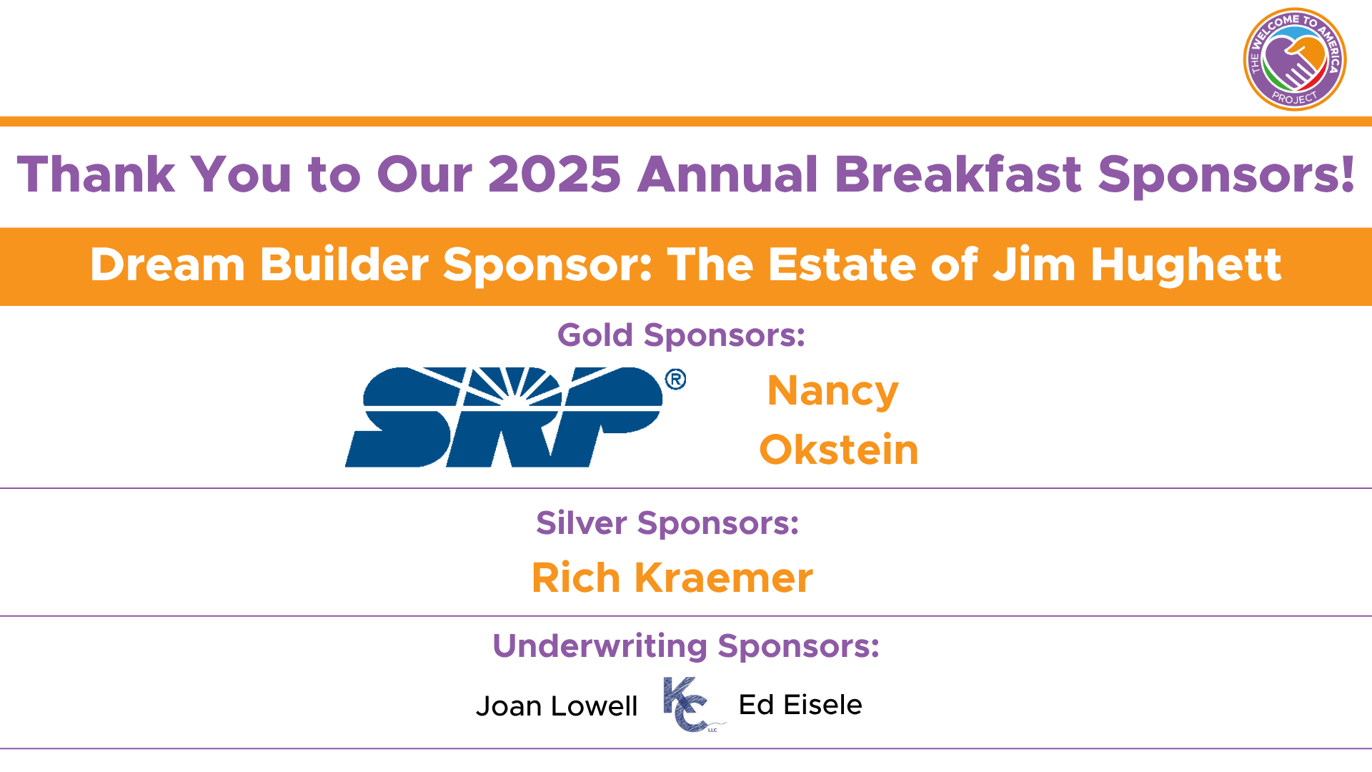 Thank you message for 2025 annual breakfast sponsors, featuring logos and names of sponsors in different categories: gold, silver, and underwriting sponsors. The sponsors include SKP, Nancy Okstein, Rich Kraemer, Joan Lowell, and Ed Eisele.