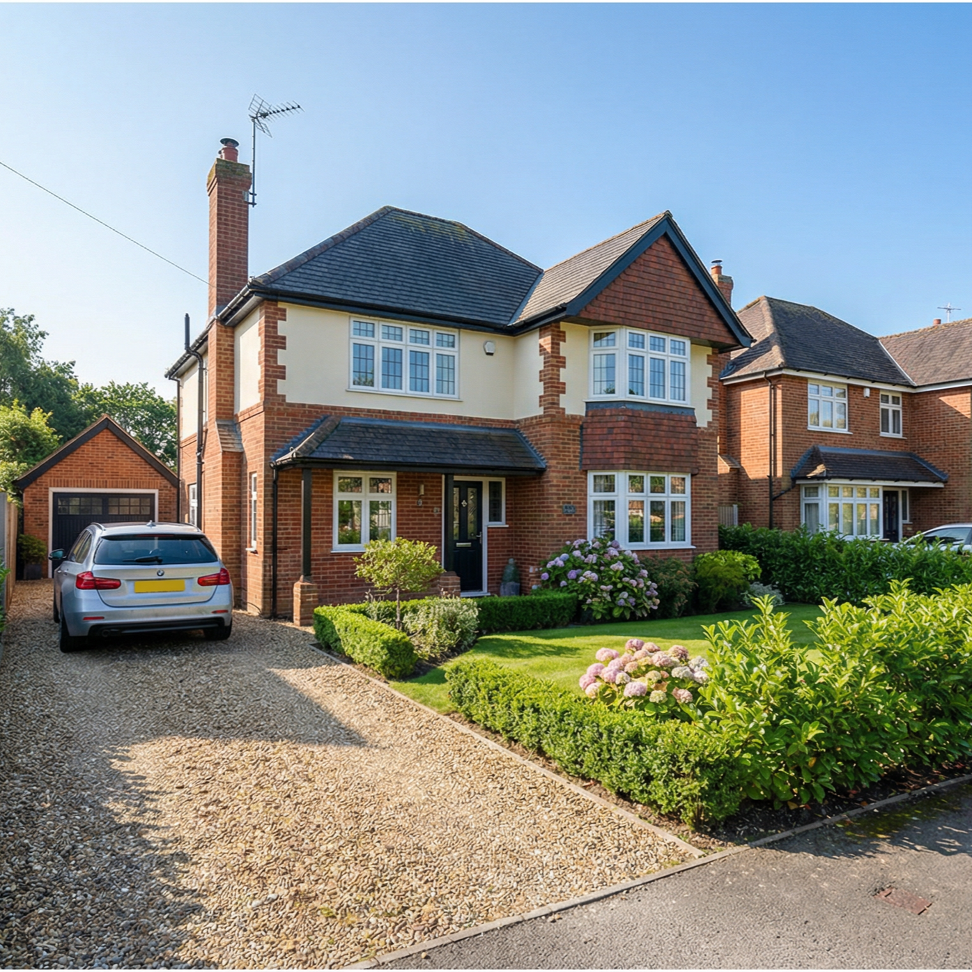 A two-story suburban house with a gravel driveway, surrounded by a well-manicured lawn and colorful flower bushes, with a silver car parked in front.