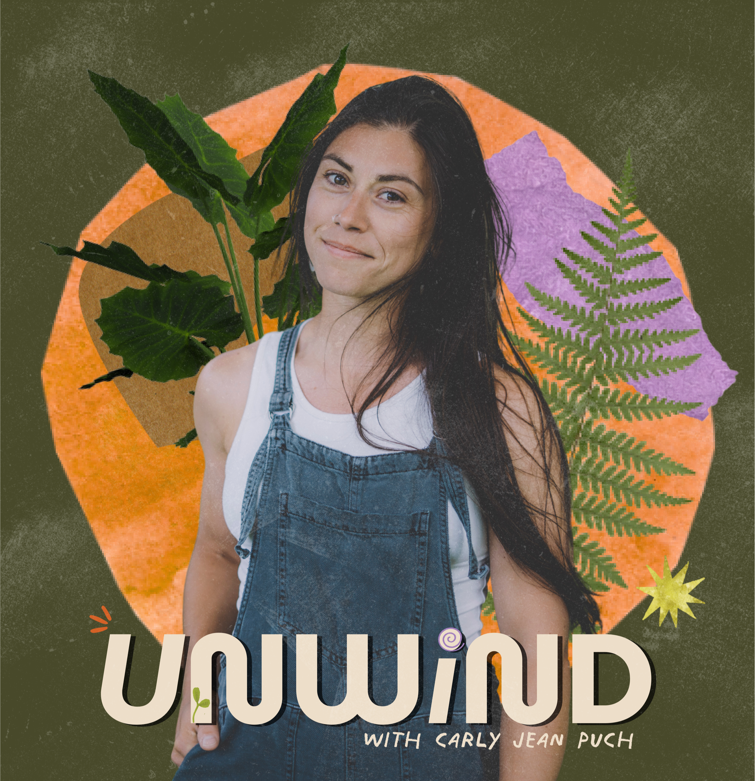 A woman with dark hair, wearing overalls and a white shirt, standing in front of a collage background with green leaves, a purple paper, and orange and black shapes. The image promotes a podcast titled 'Your Utopia with Carly Jean Puch.'
