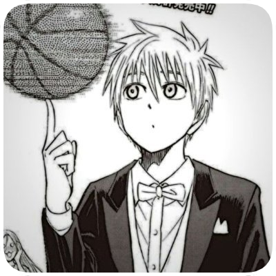 A black-and-white manga-style drawing of a young man with spiky hair wearing a tuxedo and bow tie, holding a basketball on his finger.