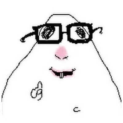 A cartoon drawing of a white hamster wearing black glasses, with pink nose, small teeth, and a paw raised.