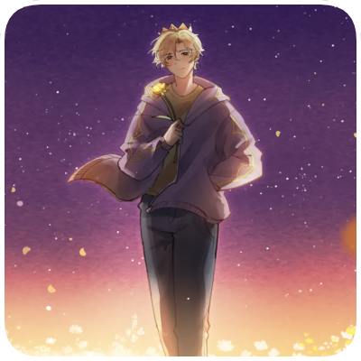 An animated character with blond hair wearing a crown, holding a glowing flower, standing against a starry night sky with a sunset gradient.