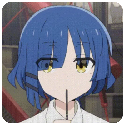 Anime character with short blue hair and yellow eyes sipping from a straw