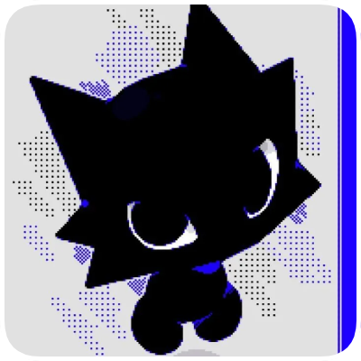 Cartoon black cat with large eyes, standing with a white background and a blue border.
