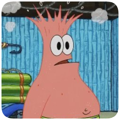 A cartoon character with pink skin, large eyes, and spiky pink hair standing in front of a blue curtain, with a green object and clouds in the background.