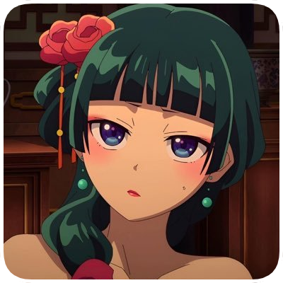 Anime girl with green hair and purple eyes, wearing a red flower and earrings, in a wooden room.