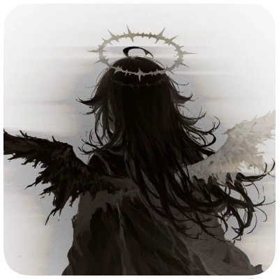 Silhouette of an angel with wings, a halo, and long flowing hair, viewed from behind.