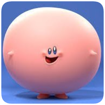 A round, pink character with small arms, a smiling face, and blue eyes, set against a blue background.