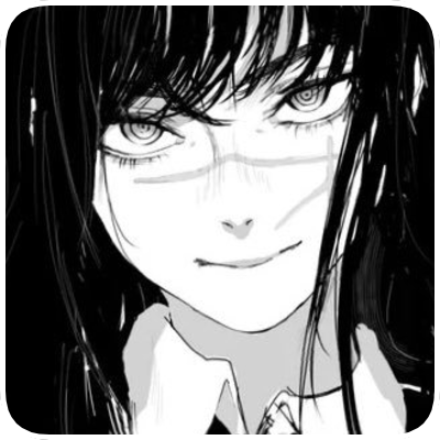 A black-and-white drawing of a woman with long dark hair and intense eyes, smiling slightly.