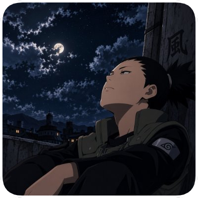Anime character sitting against a wall outdoors at night, looking up at the moon and starry sky.