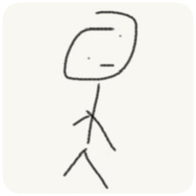 Simple line drawing of a person with a large head and small body, standing.