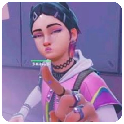 Animated female character with black hair, pink highlights, and a choker, pointing a finger at the viewer, in a colorful outfit with a background of a room or building interior.