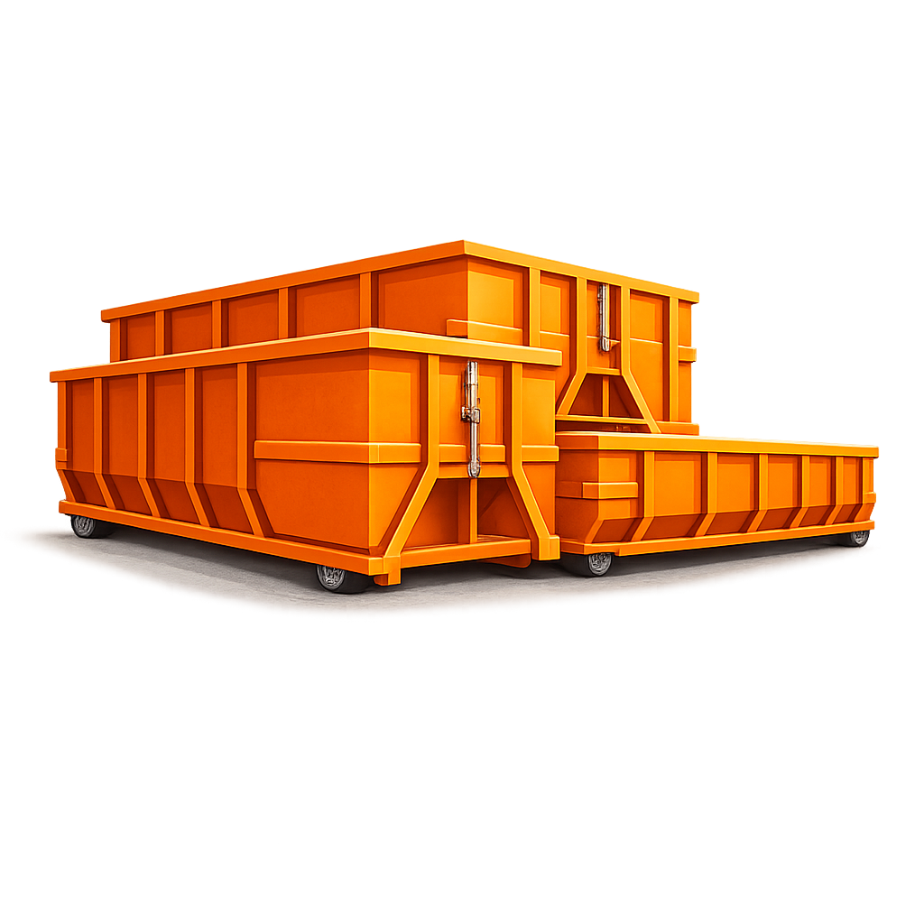 Large orange industrial dumpster with wheels on a clean surface