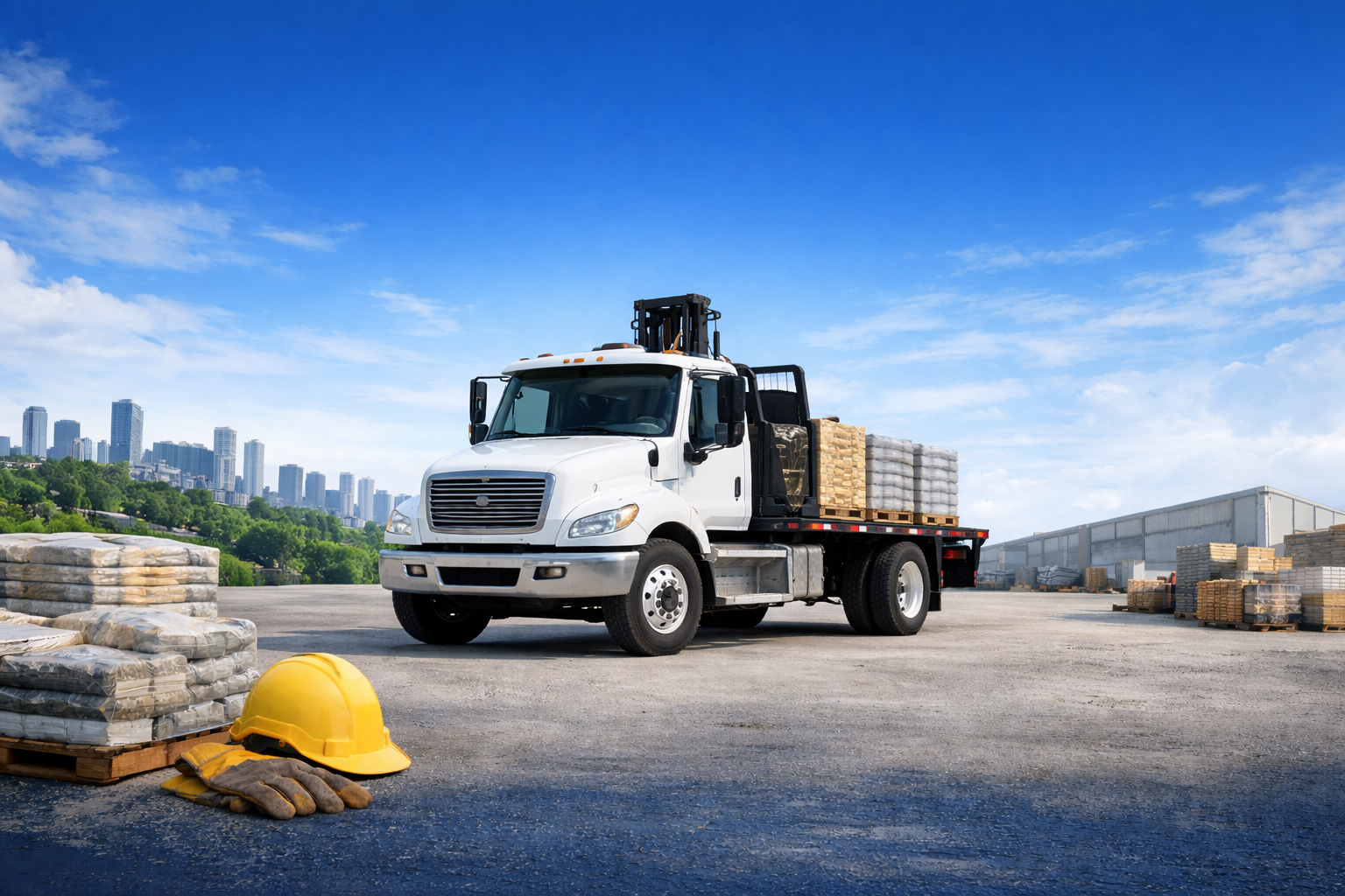 Construction site with a white truck carrying pallets of materials, yellow helmet, gloves, and stacks of bricks on the ground, city skyline in the background under a sunny sky.