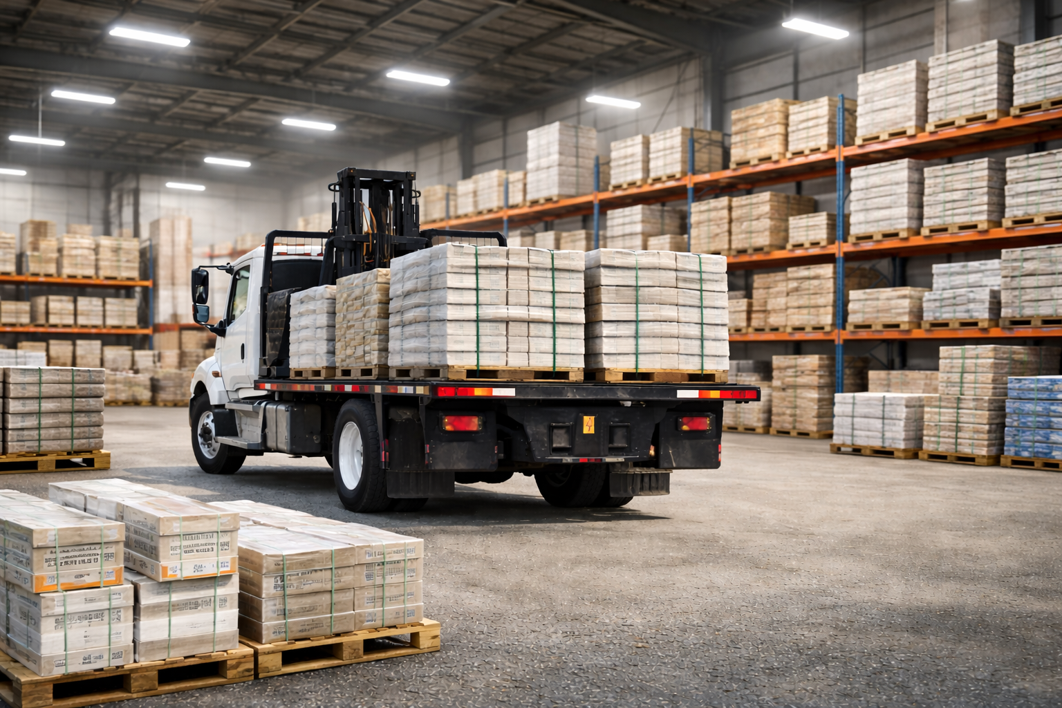 A warehouse with stacked pallets of bricks, a forklift truck carrying a pallet of bricks, and shelves filled with more pallets of bricks.