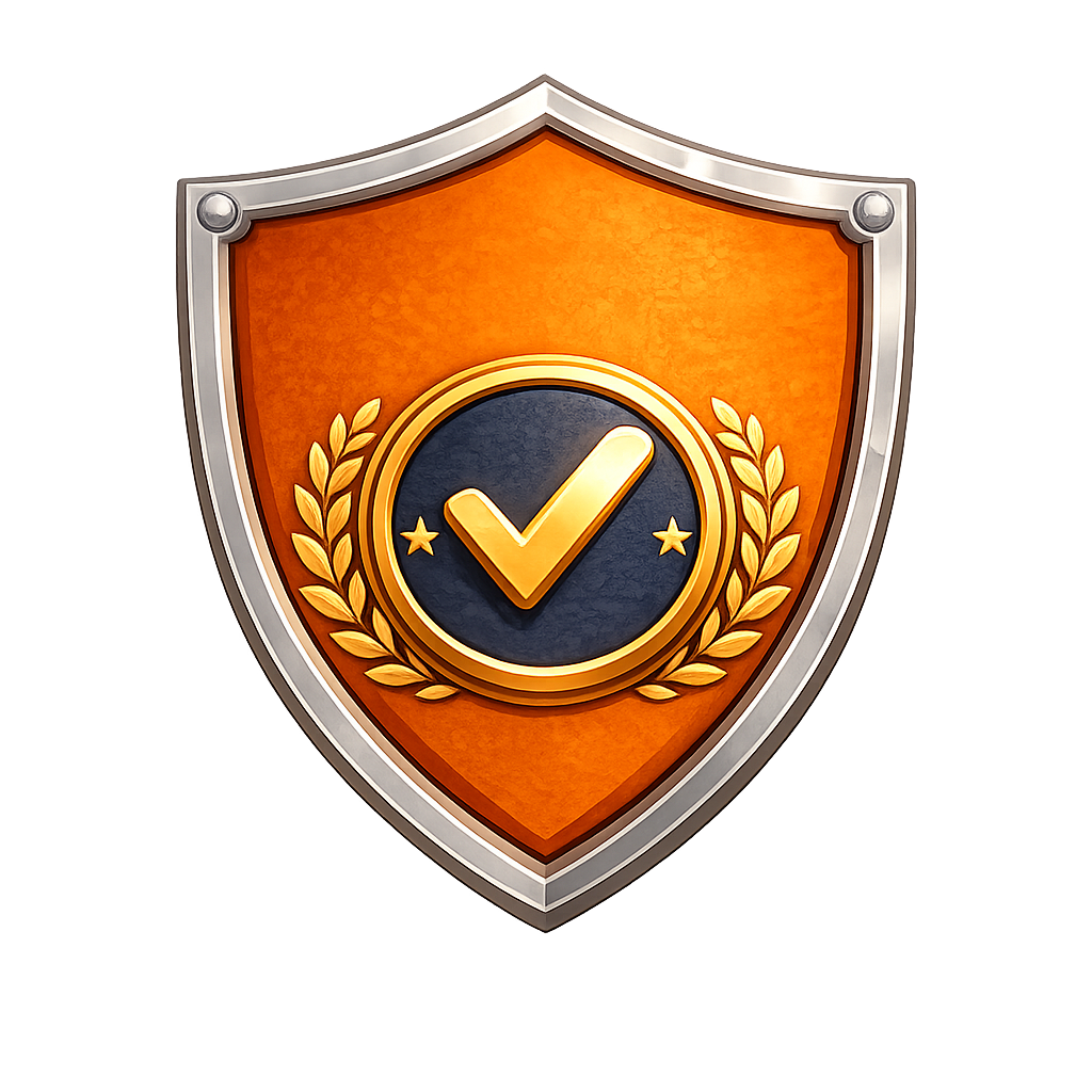 A shield emblem with an orange background, a gold check mark in the center surrounded by a gold laurel wreath, and a silver border.