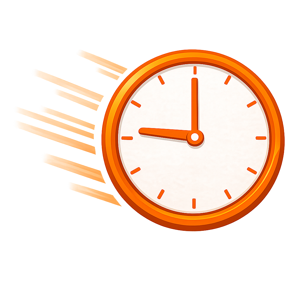 Orange wall clock showing 12:45 with a motion blur effect