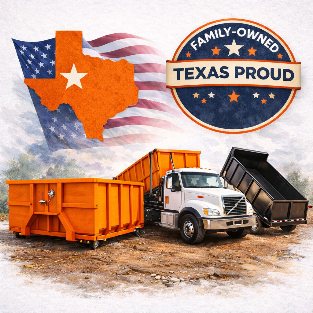 A semi-truck with black and orange trailers on a dirt ground, with a Texas flag and a Texas pride badge and a Texas map with the American flag in the background.