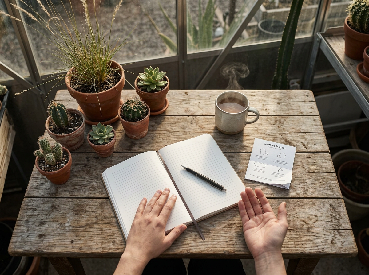 A rustic wooden table on a greenhouse balcony with potted cacti and succulents, an open lined notebook with a black pen, a steaming mug, and a brochure about breathing exercises.