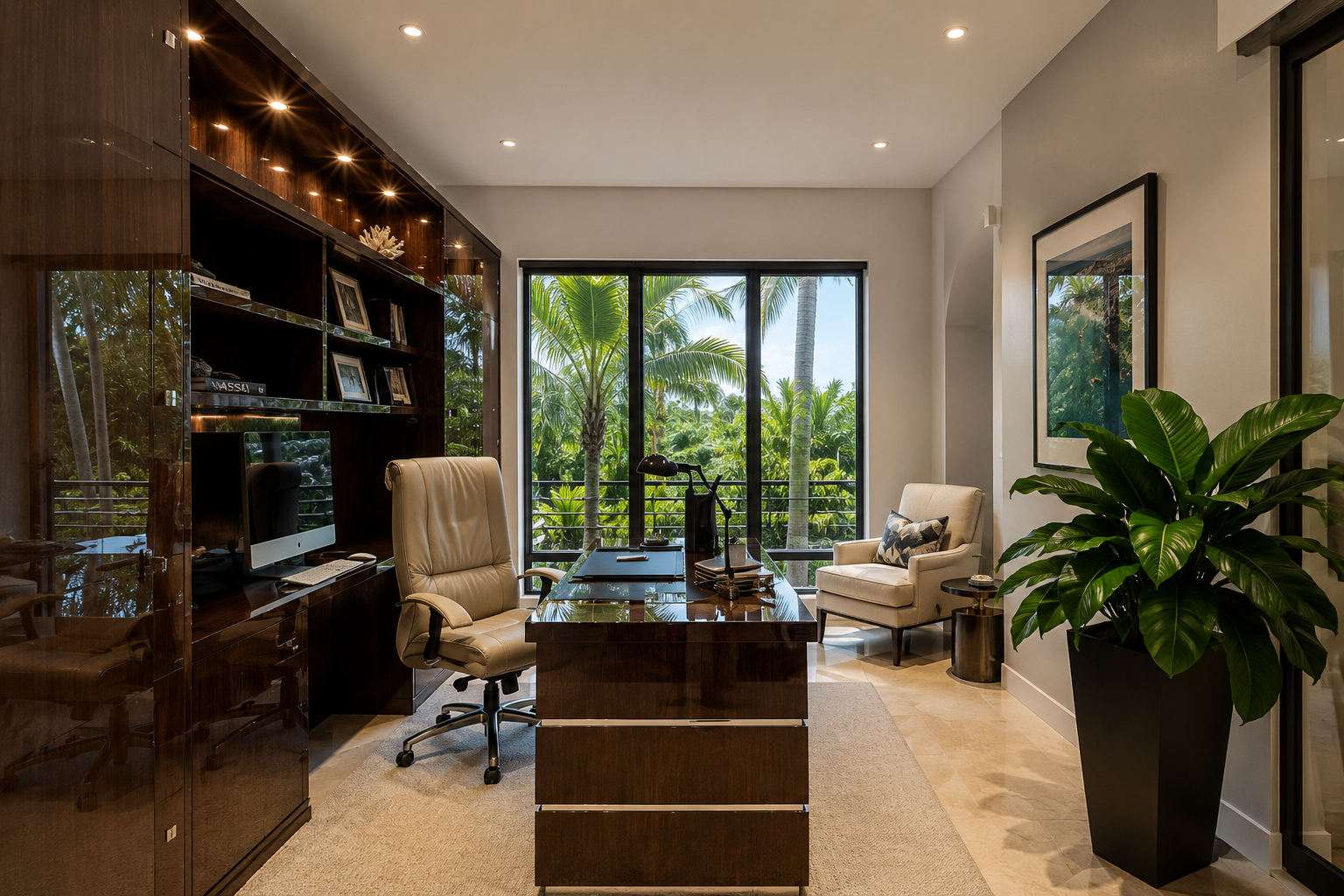 Modern office with large window view of tropical trees, wooden desk, cream office chair, beige armchair, large green houseplant, black picture frame on wall.