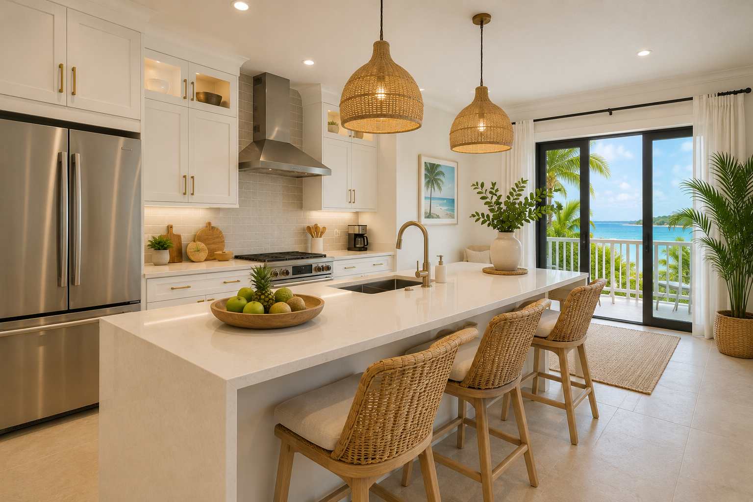 Modern kitchen with white cabinets, stainless steel refrigerator, island with seating, tropical view through sliding glass doors, and beach decor.