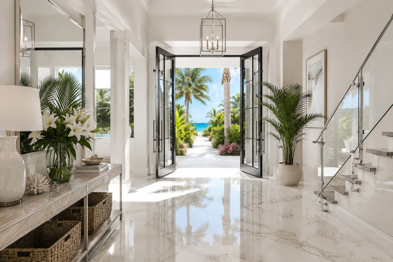 Bright, elegant entryway with open black French doors showing a tropical garden with palm trees and the ocean in the background. The interior features white walls, a marble floor, large plants, a console table with decorative vases and flowers, and a staircase with a glass and metal railing.