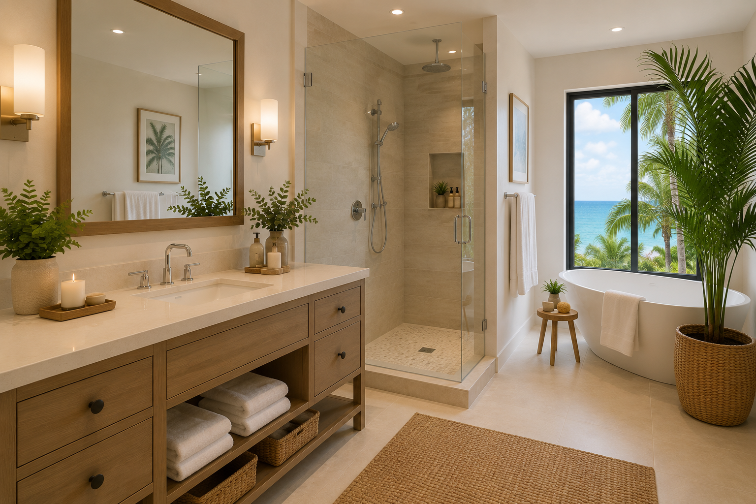 Bright bathroom with a large window overlooking palm trees and the ocean, featuring a bathtub, a glass-enclosed shower, a wooden vanity with towels and greenery, and decorative candles.