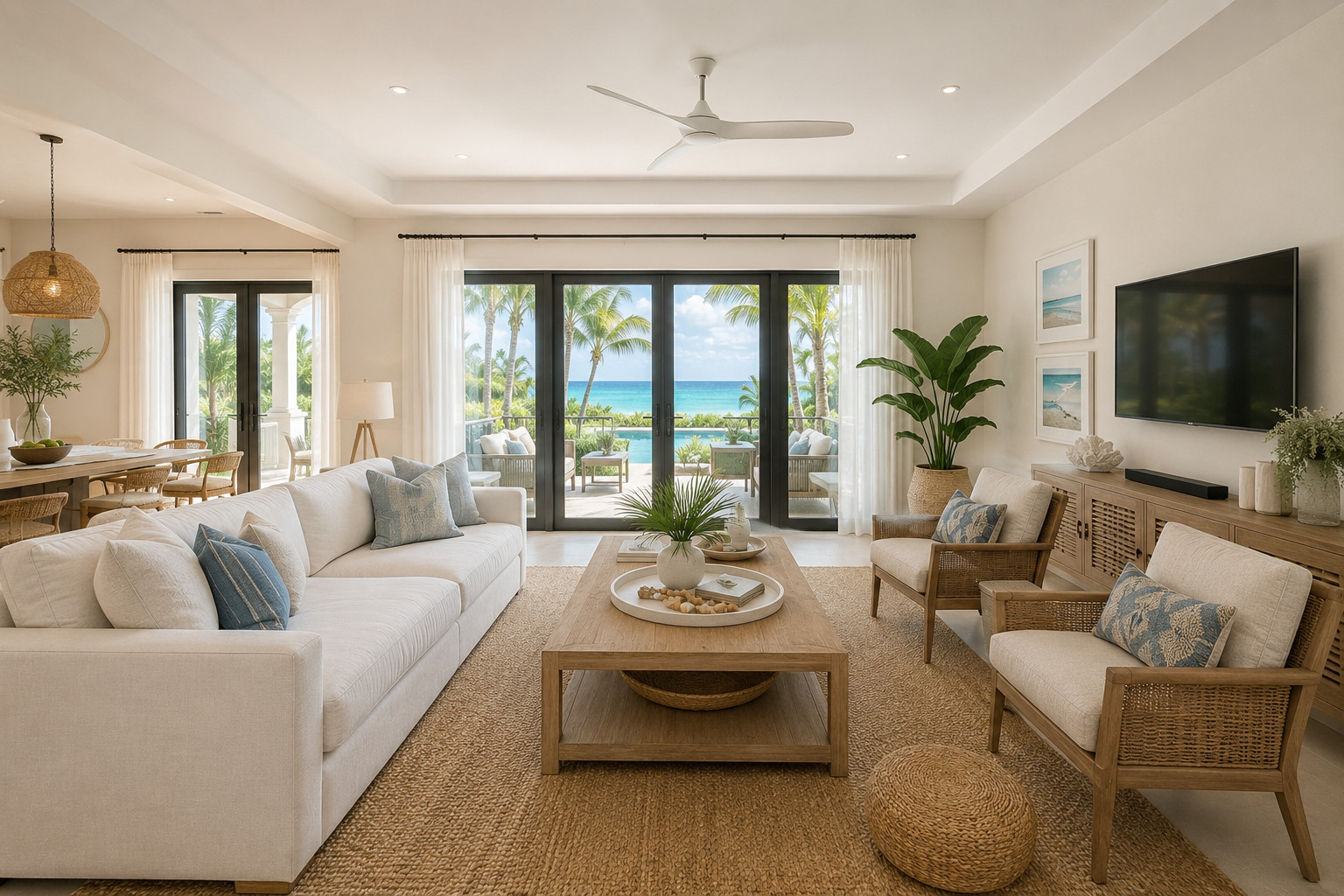 Living room with beige sofa, wooden chairs, coffee table with decorative items, large sliding glass doors leading to a balcony with patio furniture, view of palm trees and ocean outside, coastal decor, neutral color palette