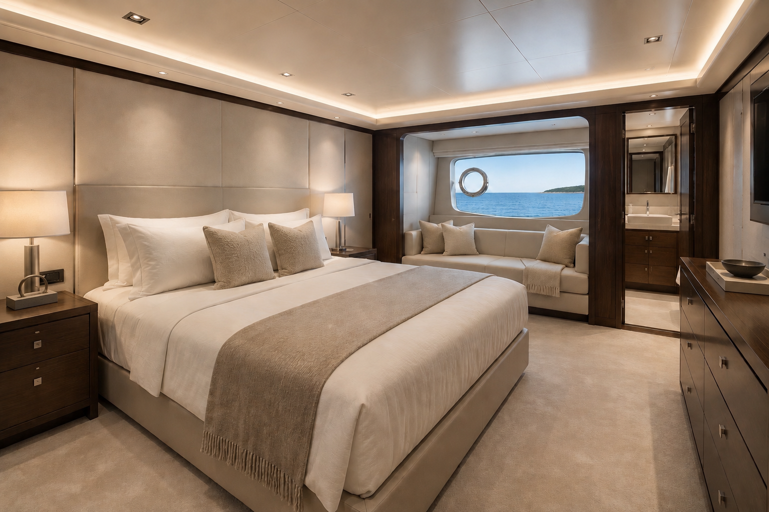 Guest-ready yacht cabin prepared by Blossom & Bloom Cleaning Co. in Nassau, Bahamas.