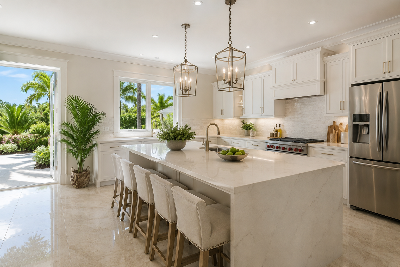Bright, modern kitchen with white cabinets, marble countertops, stainless steel refrigerator, and large island with seating. Large windows show a lush, tropical outdoor garden.
