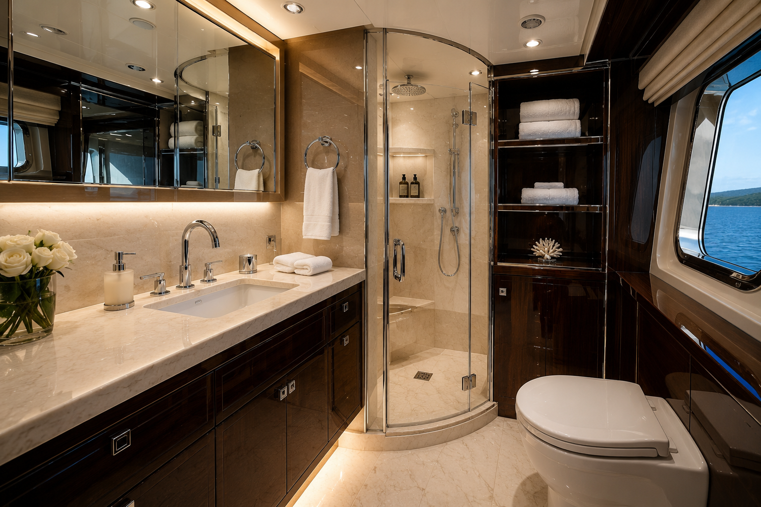 Luxury yacht bathroom cleaning and sanitization services in Nassau, Bahamas.