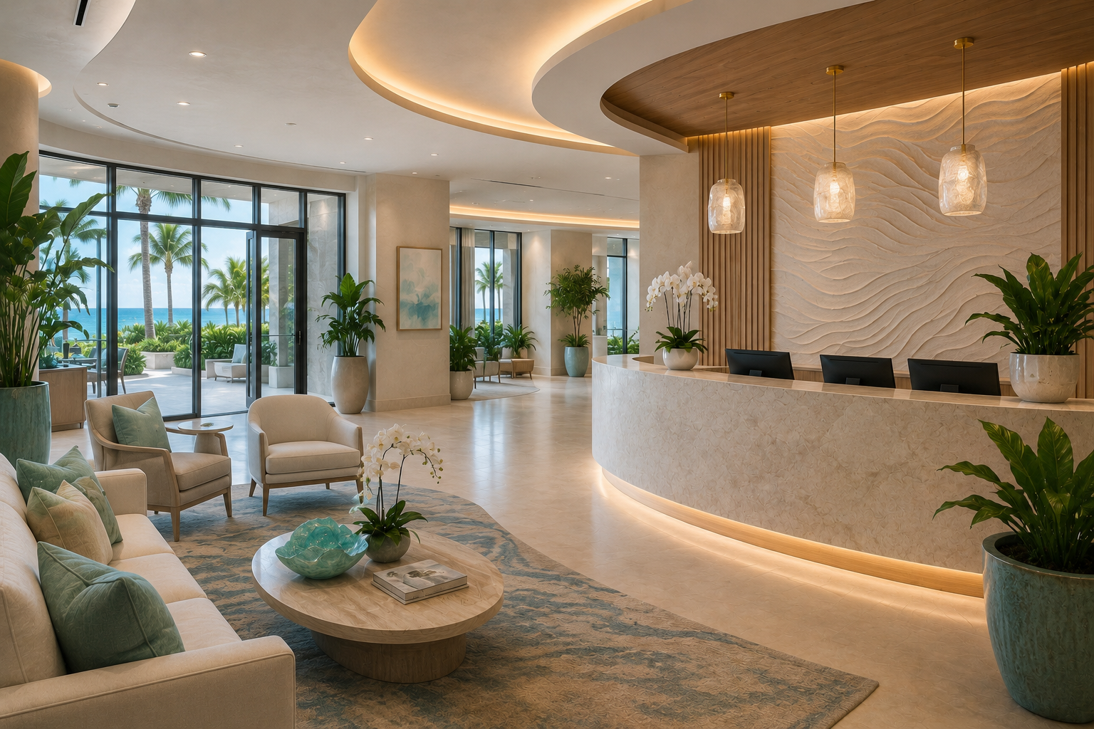 Elegant hotel lobby with a reception desk, tropical plants, seating area, and ocean view through large glass doors.